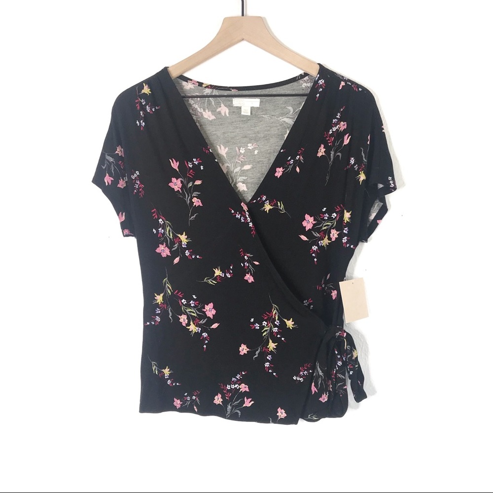 NWT 14th & Union | Black Floral Wrap Blouse